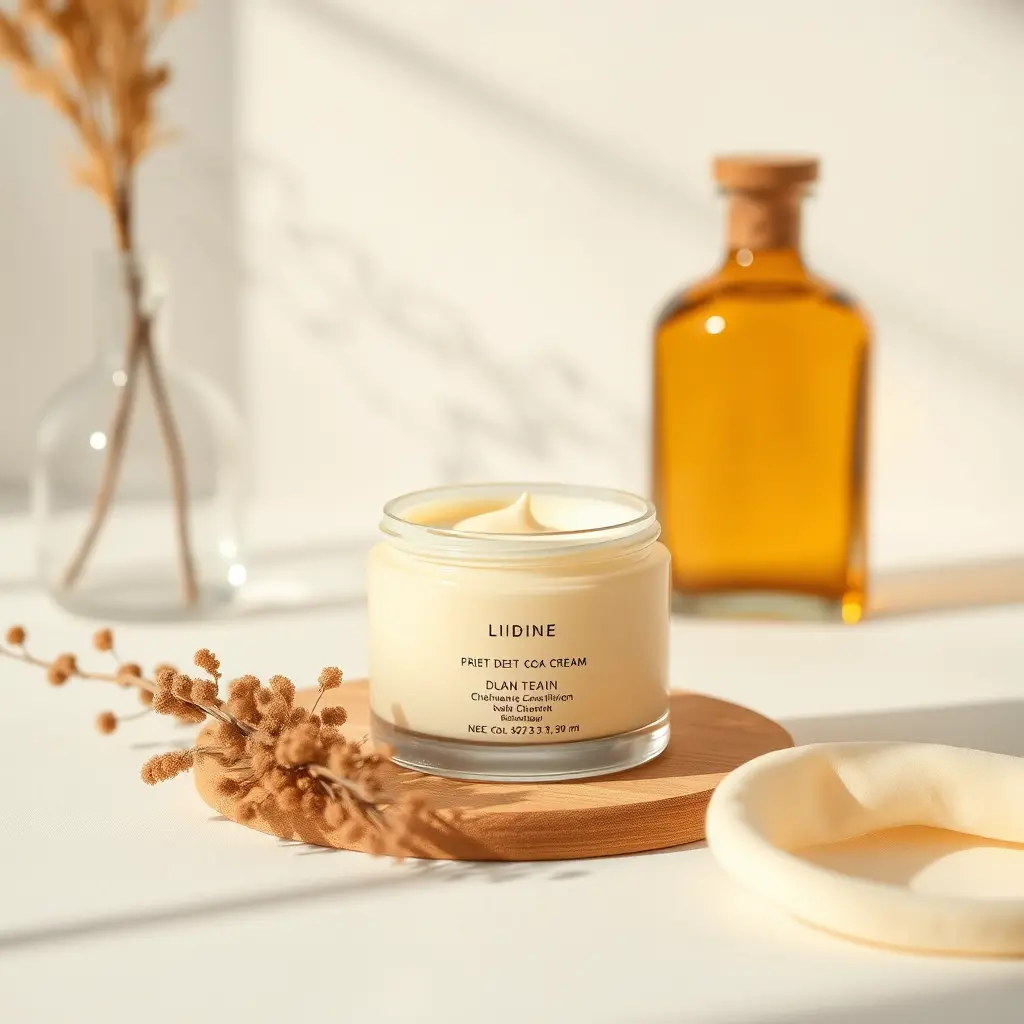Minimalist cream product on a bright white tabletop