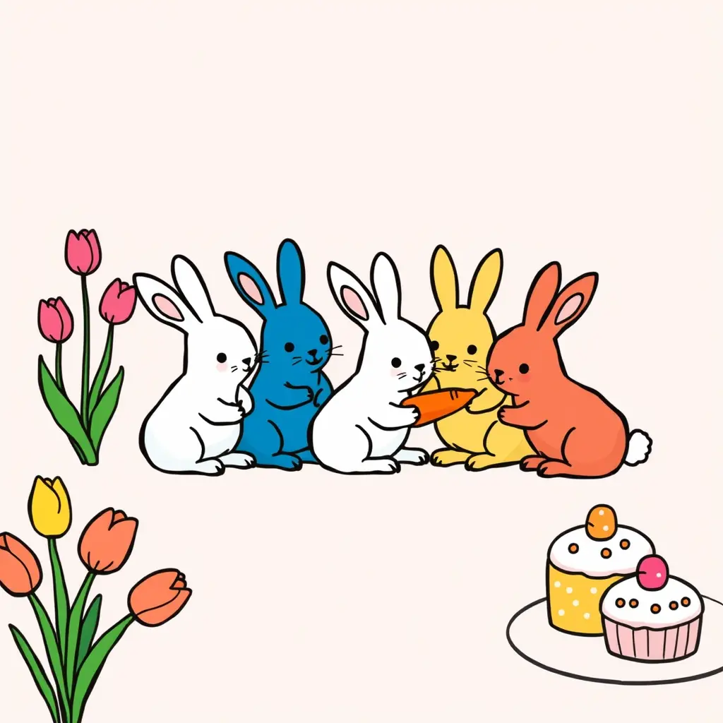Cute Cartoon Rabbits Playing With Carrots And Cakes