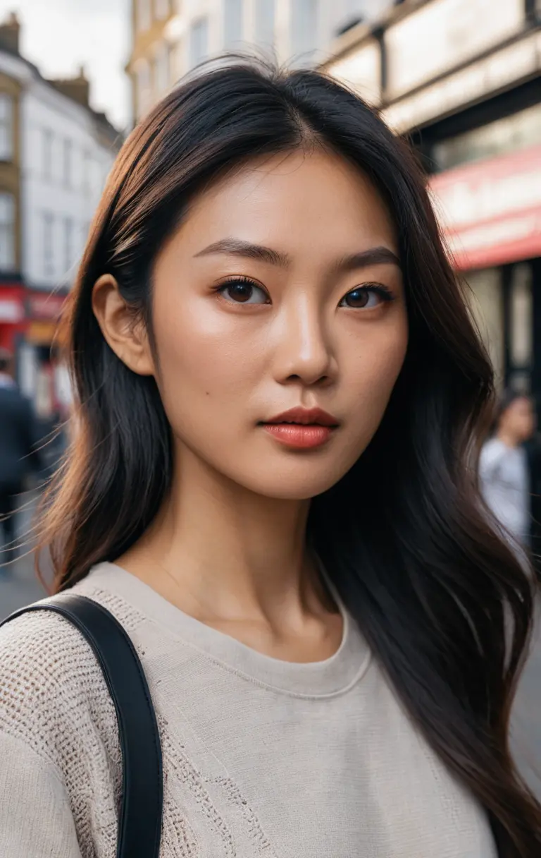 Asian woman walking on a London city street portrait