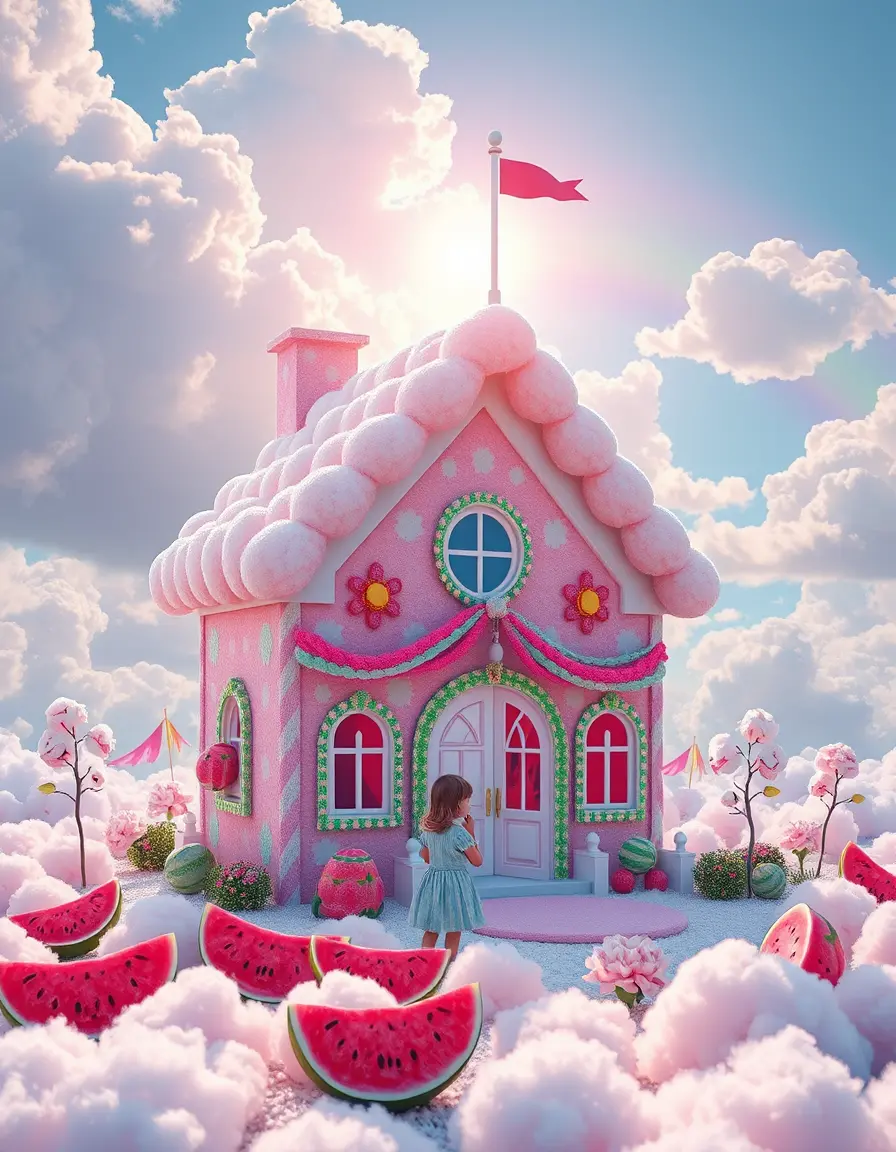 Little children playing near a cotton candy fantasy house