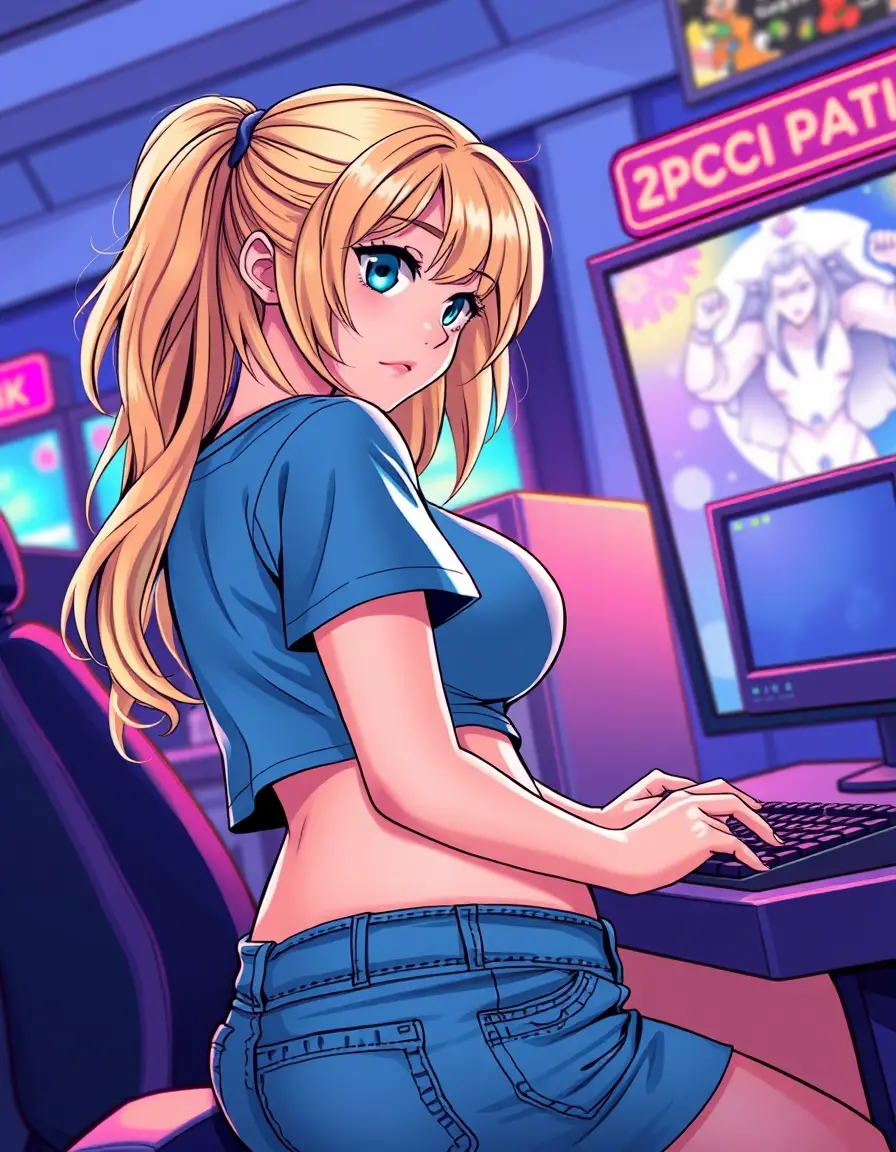Blonde woman playing computer game in close up view