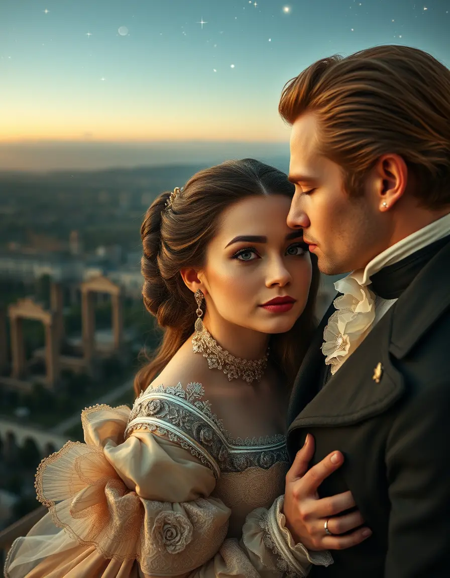 Victorian aristocratic couple kissing under a starry night sky
