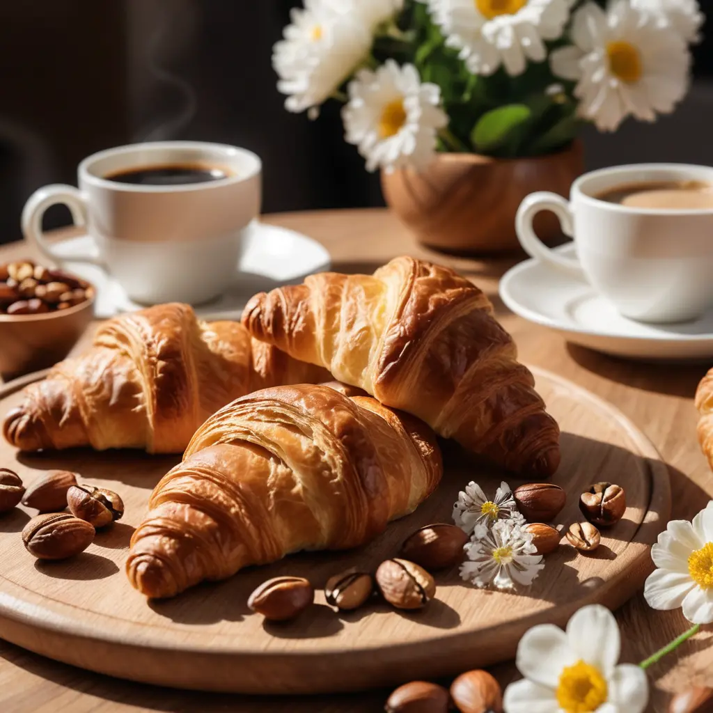 Close up breakfast with croissant coffee and wooden plate