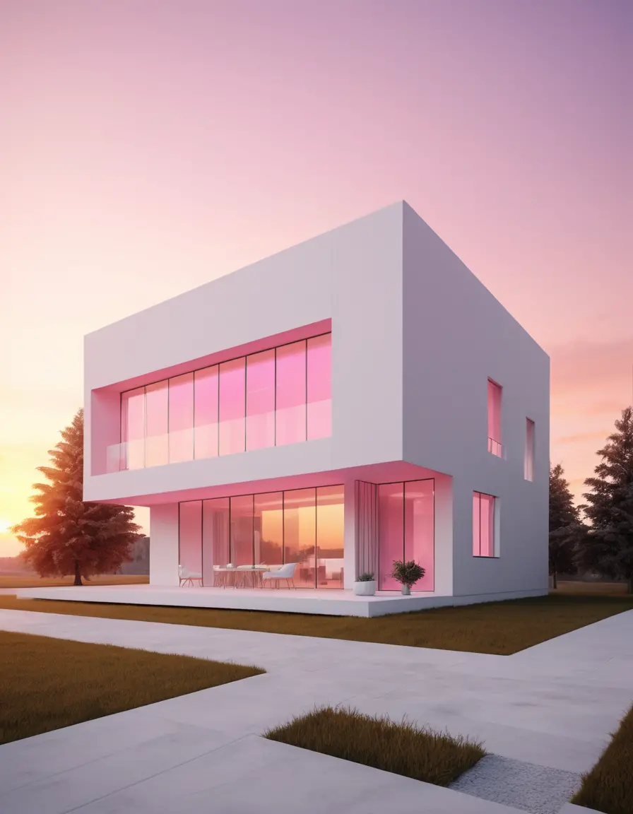 Modern white building under soft pink sunset sky