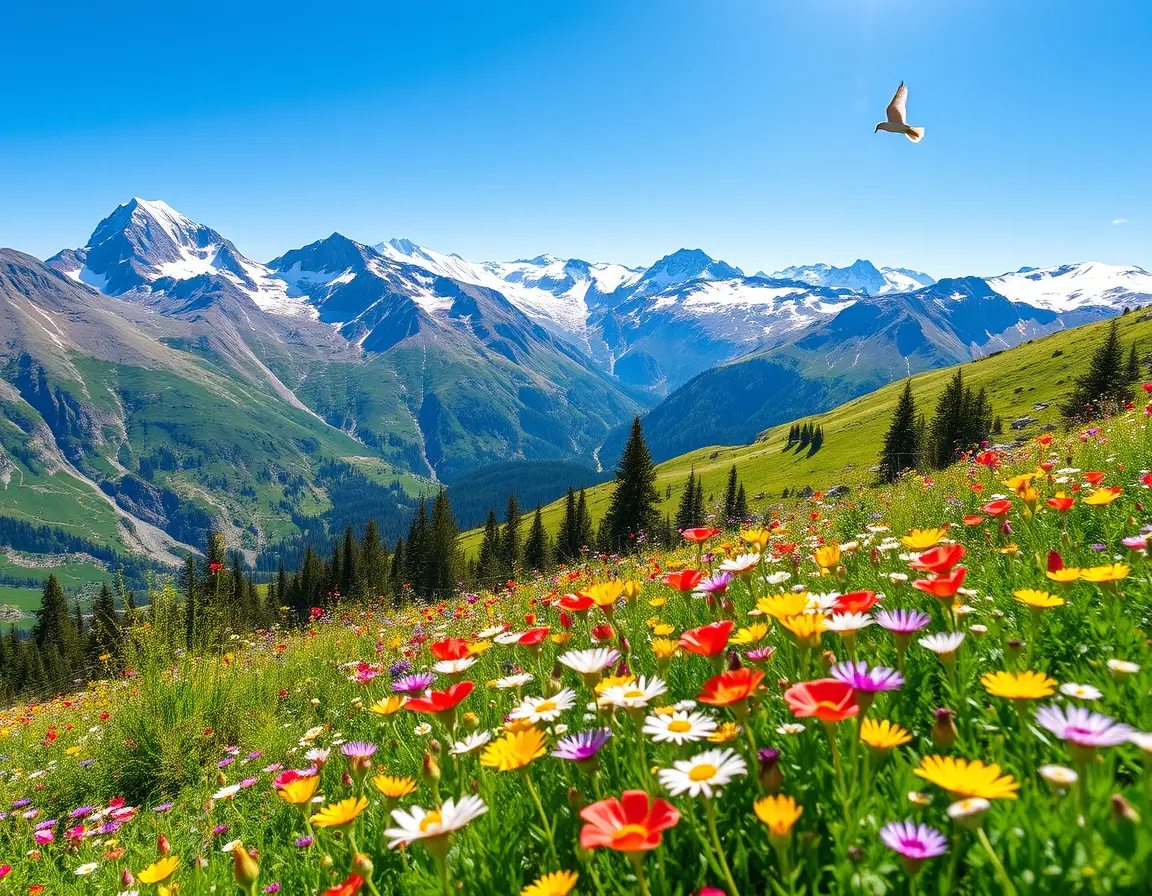 Summer swiss alpine meadow with snowy mountain peaks