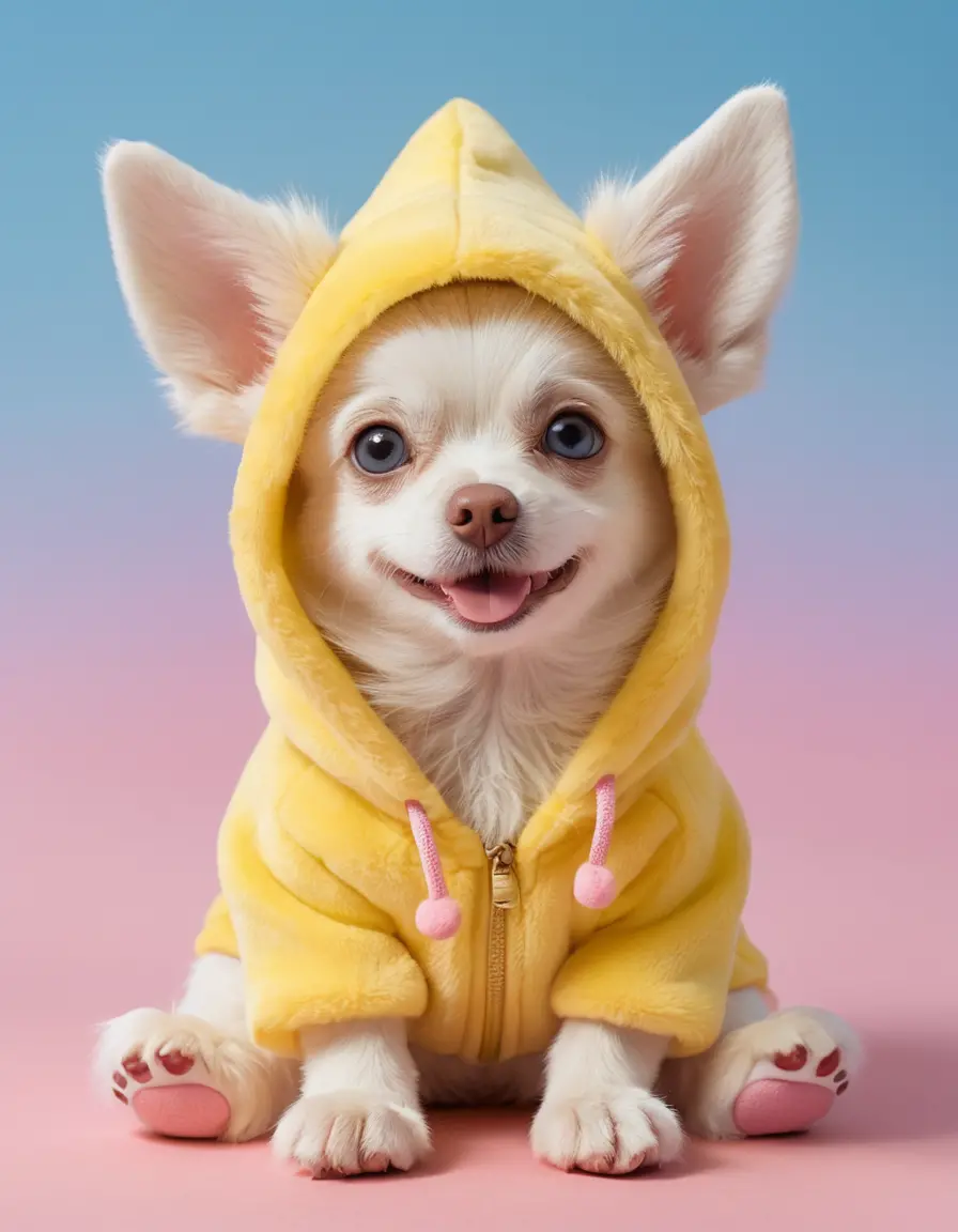 Cute white dog in yellow hood with playful expression
