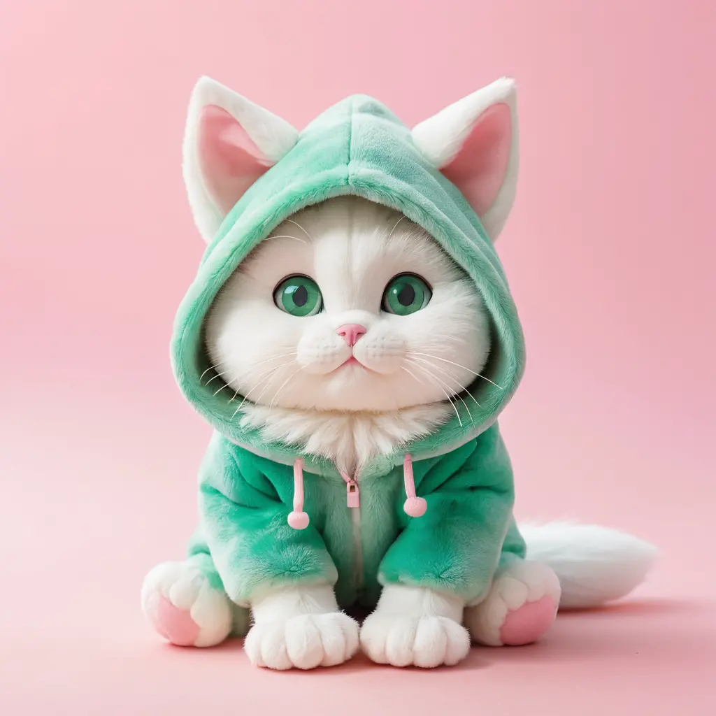 Cute white cartoon cat in green hood sitting happily