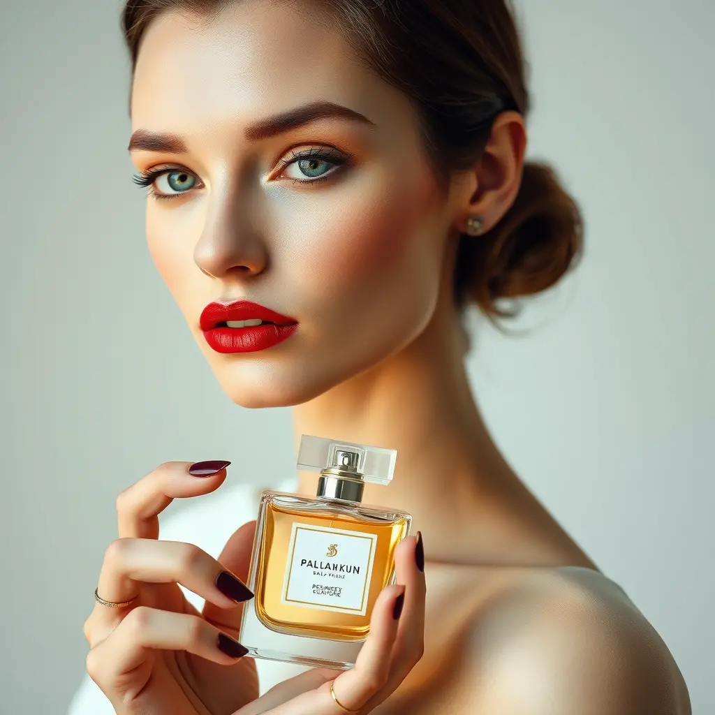 Elegant woman advertising perfume in close up portrait