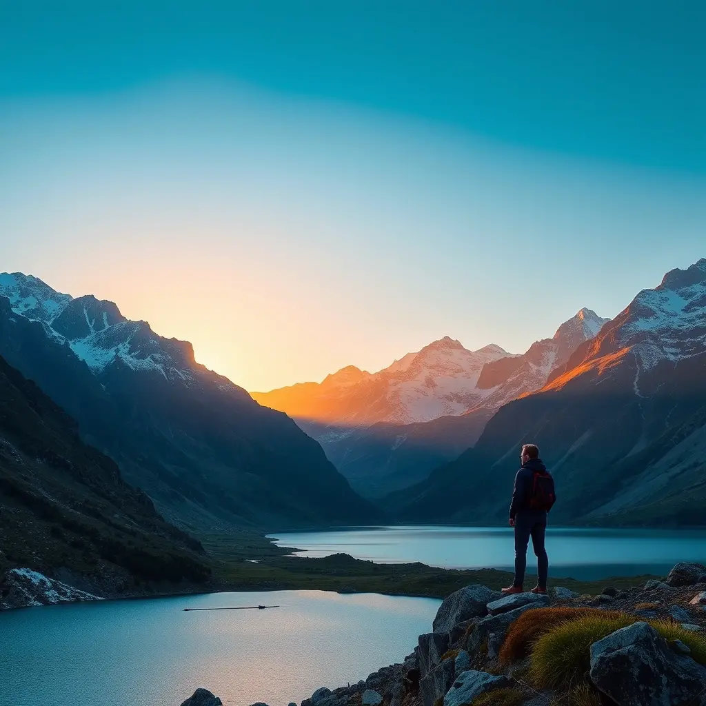 Golden sunset over tranquil alpine mountain lake
