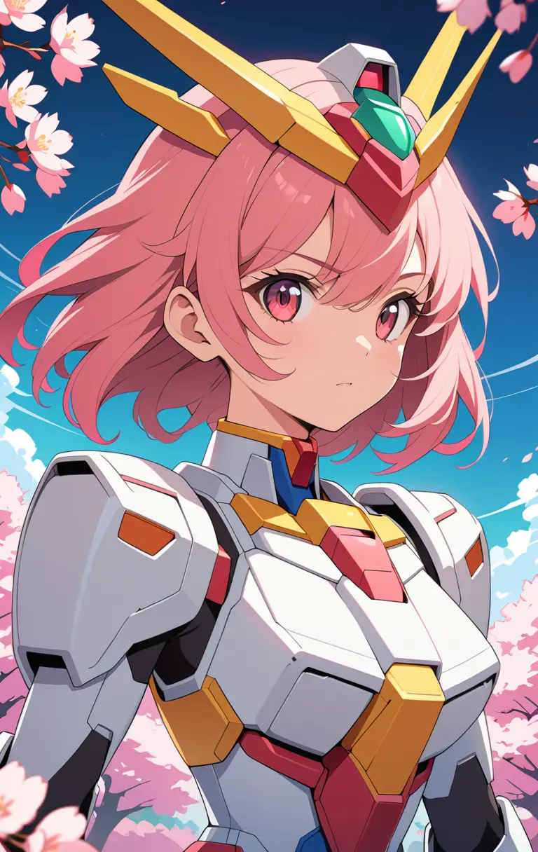Female gundam figure made of cherry blossom armor