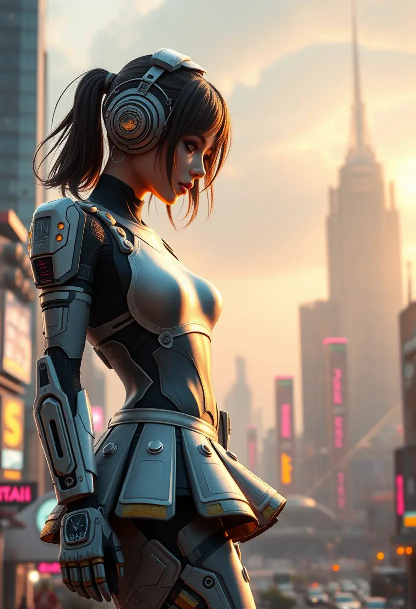 Mecha girl standing before a glowing cyberpunk city