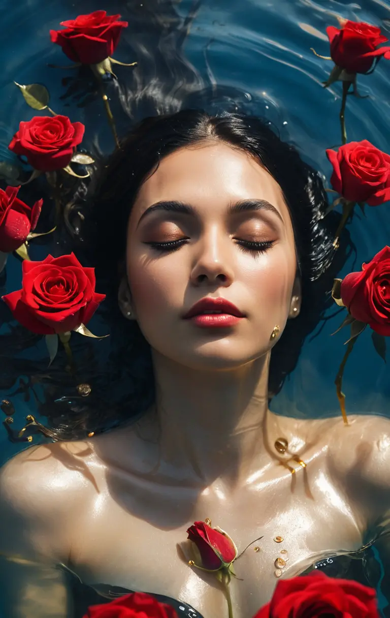 Overhead view of woman underwater holding red roses