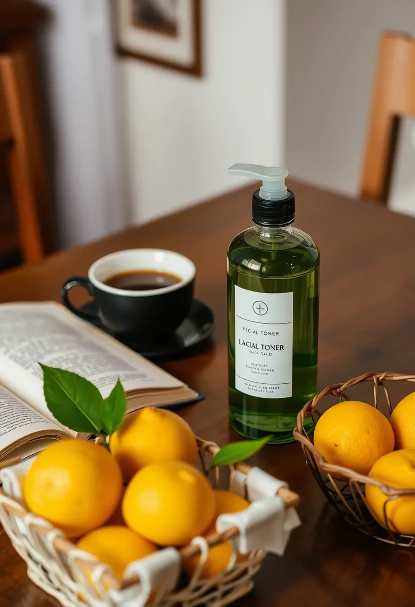 Facial toner bottle on a cozy dining table scene