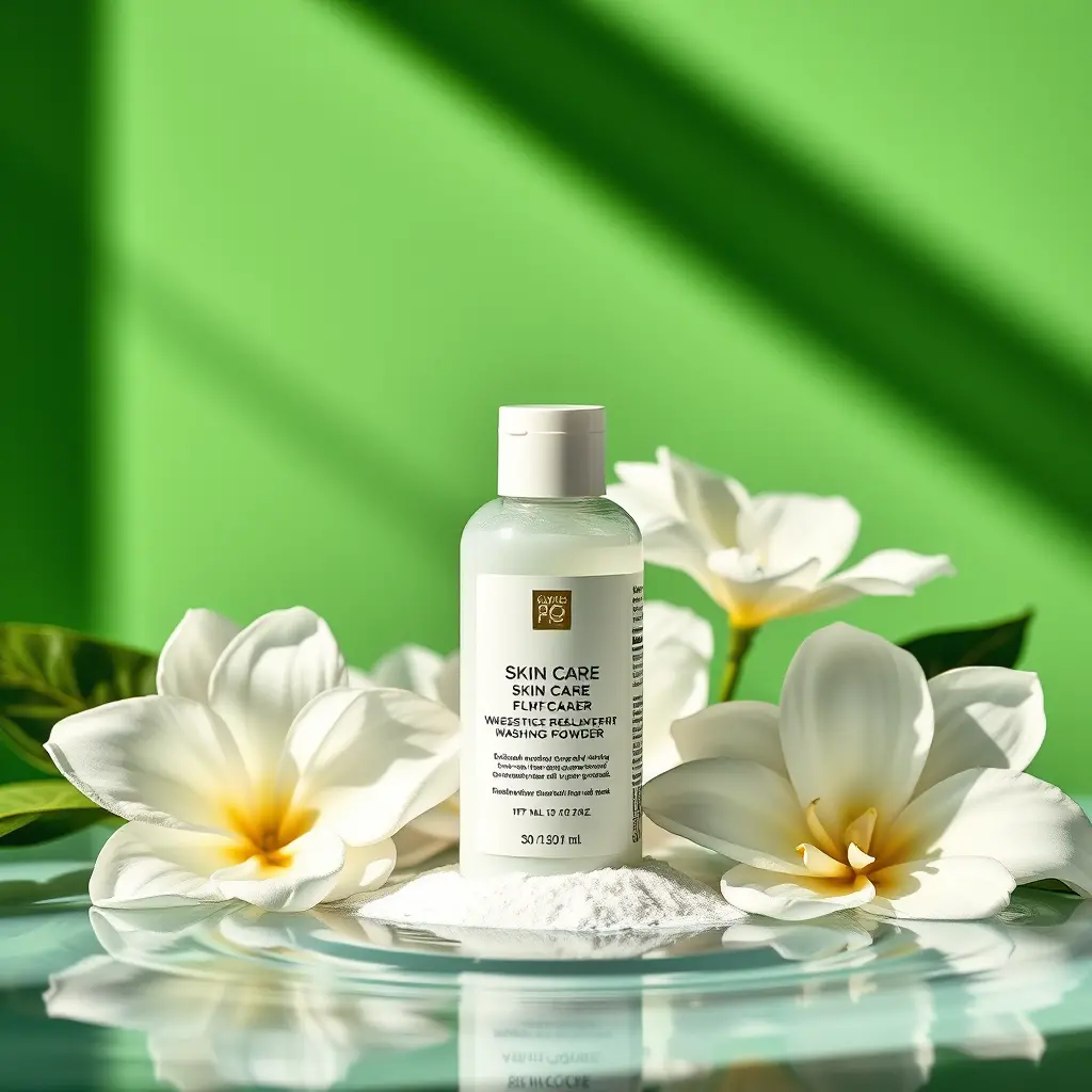 Skin care bottle on water with white gardenias
