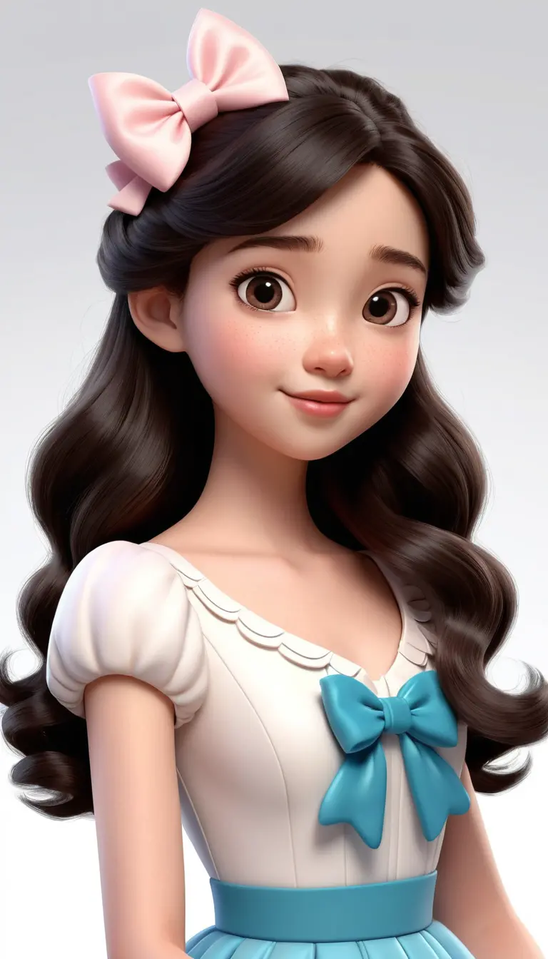 Tierna chica 3D estilo caricatura con cabello ondulado y gran lazo