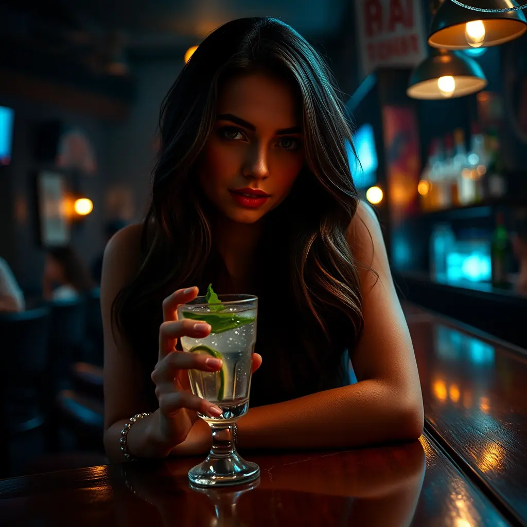 Elegante junge Frau mit Mojito in stimmungsvoll beleuchteter Bar