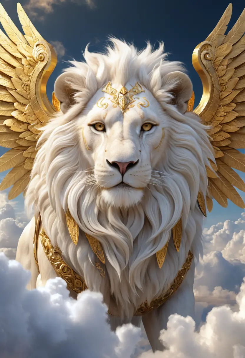 Majestic white lion with cloud wings in golden light