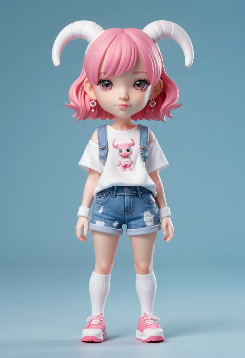 Cute pink haired horned girl 3D toy figurine design