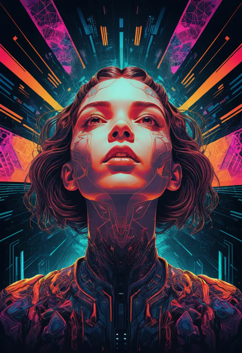 Psychedelic low angle portrait of a girl with open head