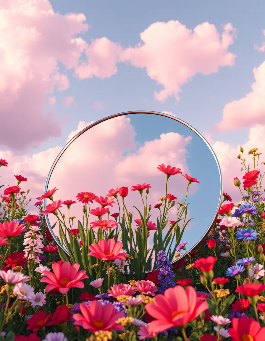 Flowers Emerging From Mirror In Dreamlike Spring Sky