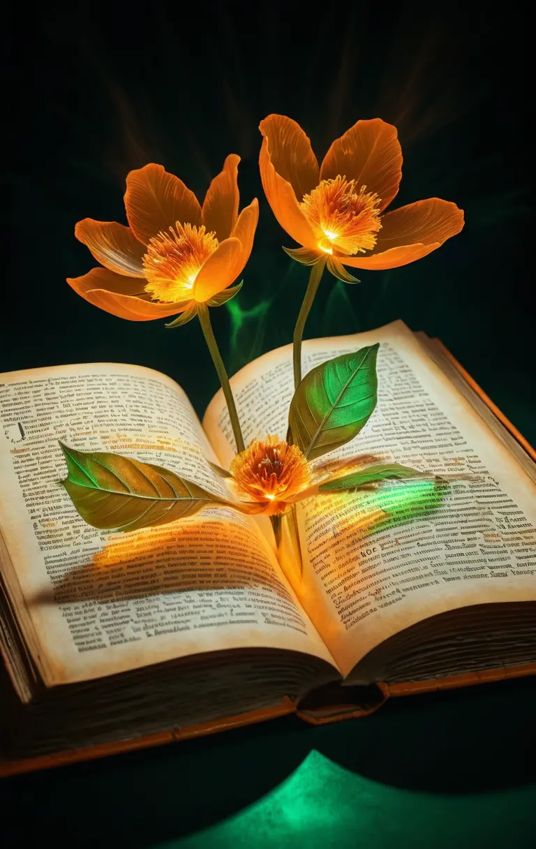 Ancient magical book with glowing flowers and light