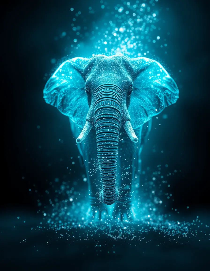 Elephant dissolving into glowing cyan and azure particles