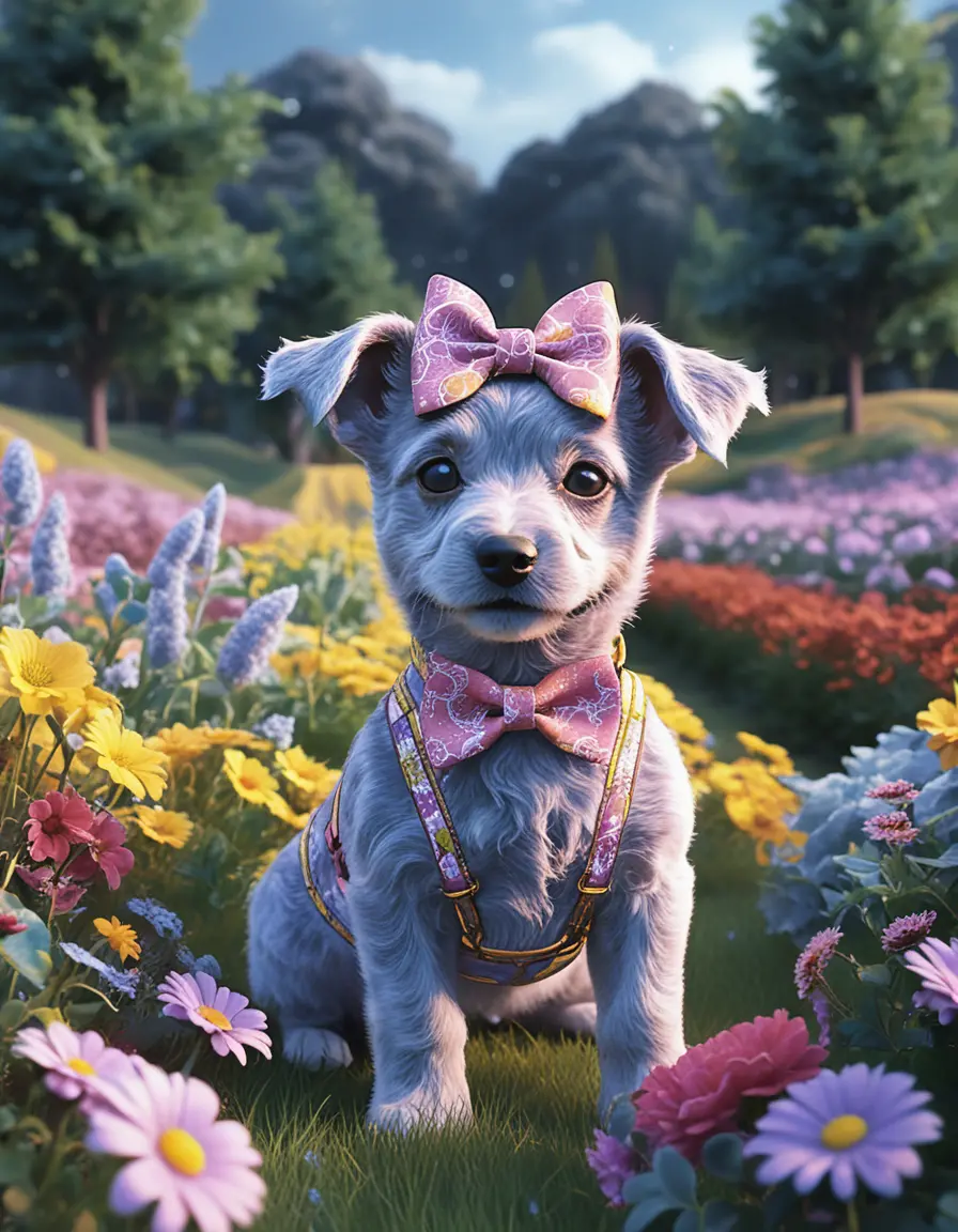 Cute cartoon puppy in a colorful fantasy flower field
