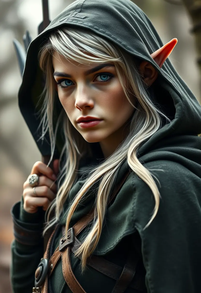 Elven ranger with bow in forest cloak portrait