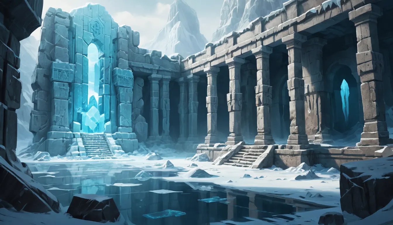 Ancient Ruins Trapped In Ice Fantasy Game Illustration