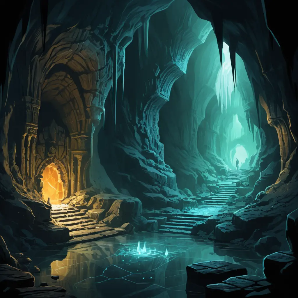 Mystical underground cavern with glowing crystals and creatures