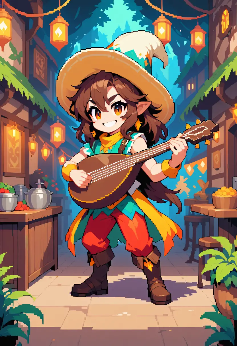 Whimsical halfling bard playing lute in lively tavern