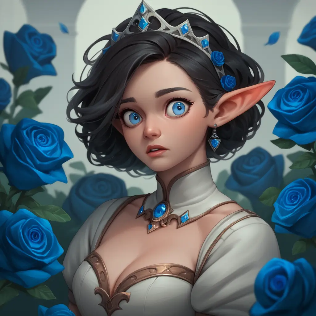 Elf girl in elegant dress with blue roses