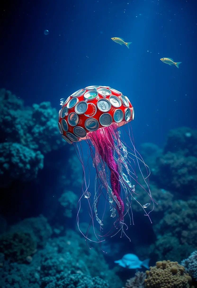 Surreal jellyfish sculpture made from recycled soda cans