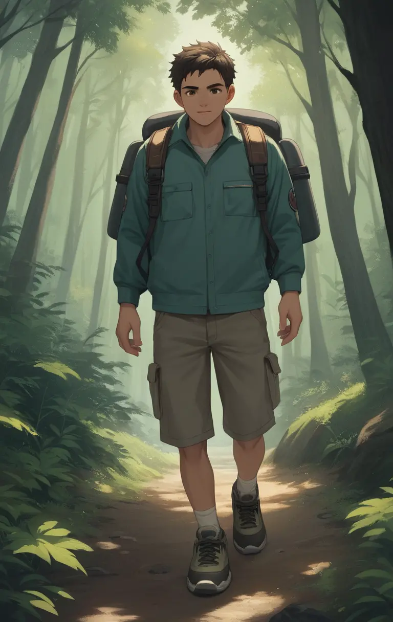 Anime hiker walking through dense rainforest forest trail
