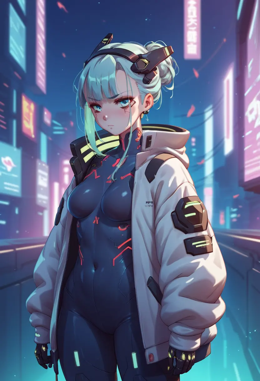 Woman in futuristic suit before glowing cyberpunk city skyline