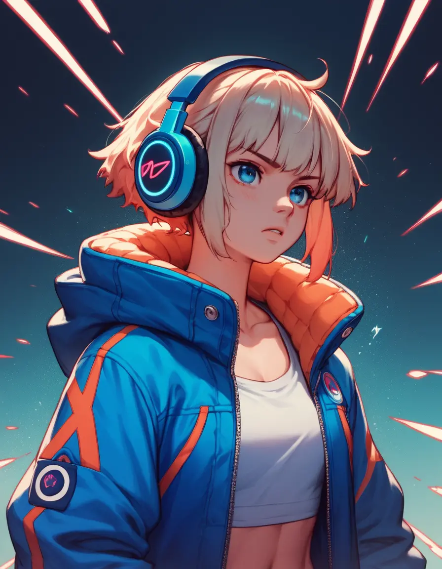 Anime girl with bright jacket and headphones portrait