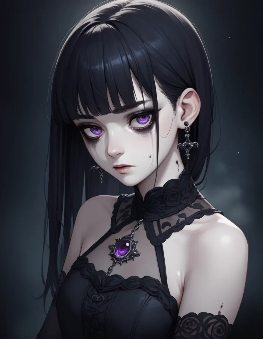 Gothic-Anime-Mädchen mit blasser Haut und violetten Augen
