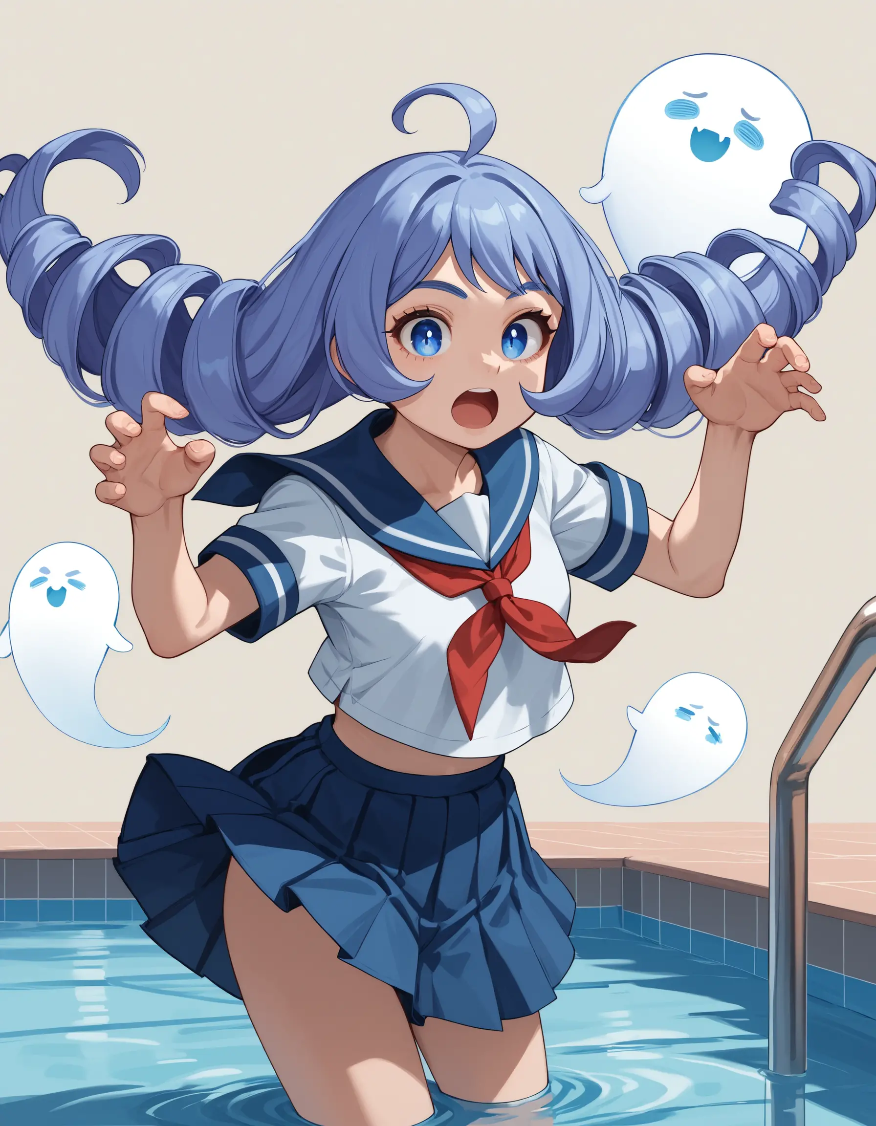 Anime schoolgirl posing playfully beside a swimming pool