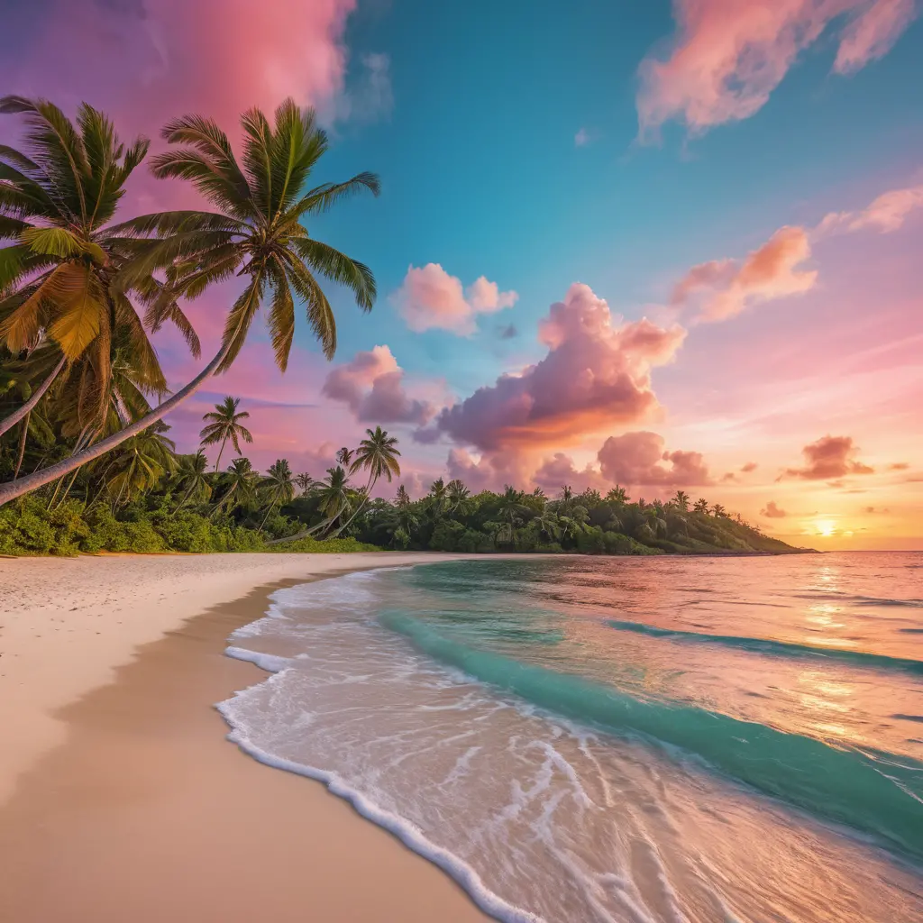 Serene Tropical Island Beach At Sunset With Palm Trees