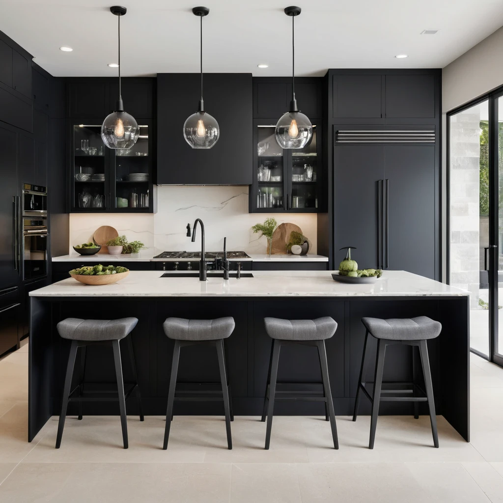 A luxurious modern kitchen with matte black finishes and elegant glass cabinetry