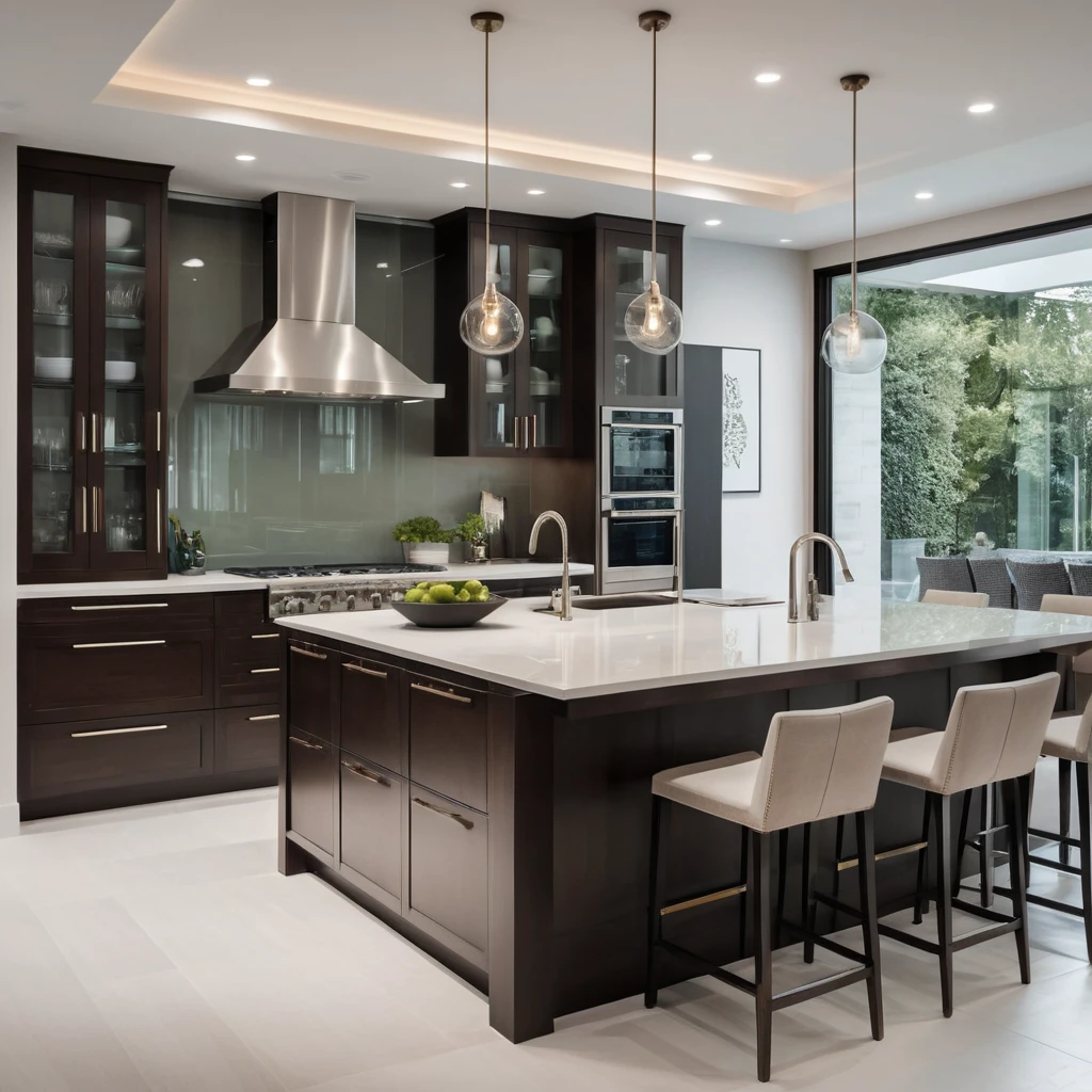 A luxurious modern kitchen featuring elegant glass cabinetry. 