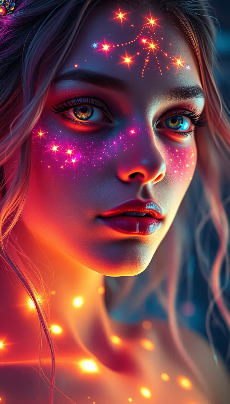Psychedelic goddess with starry skin and mystical aura