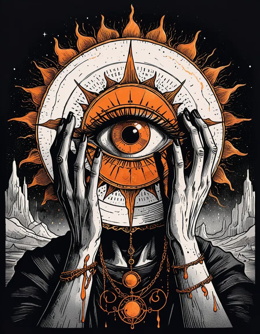 Occult tarot style ink drawing of hands veiling the sun