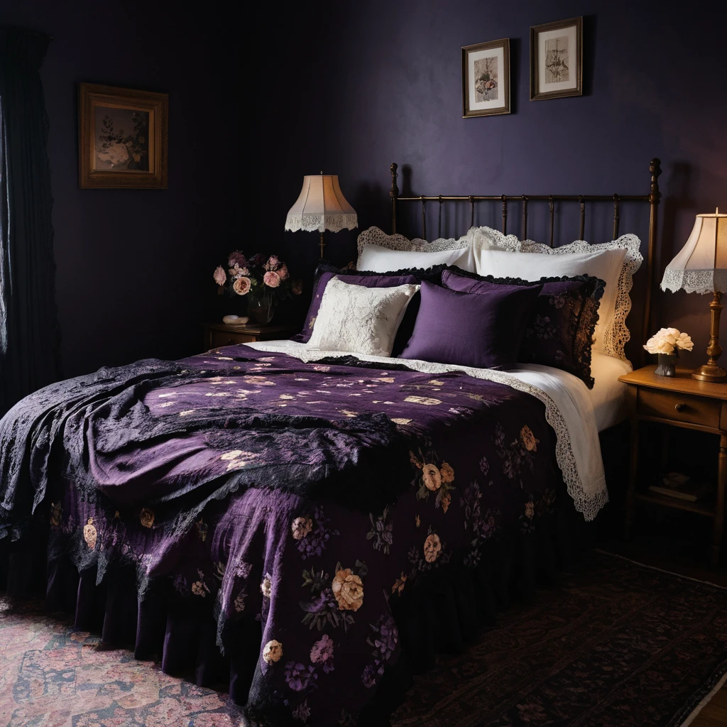 Deep Purple Bedding with Gothic Patterns