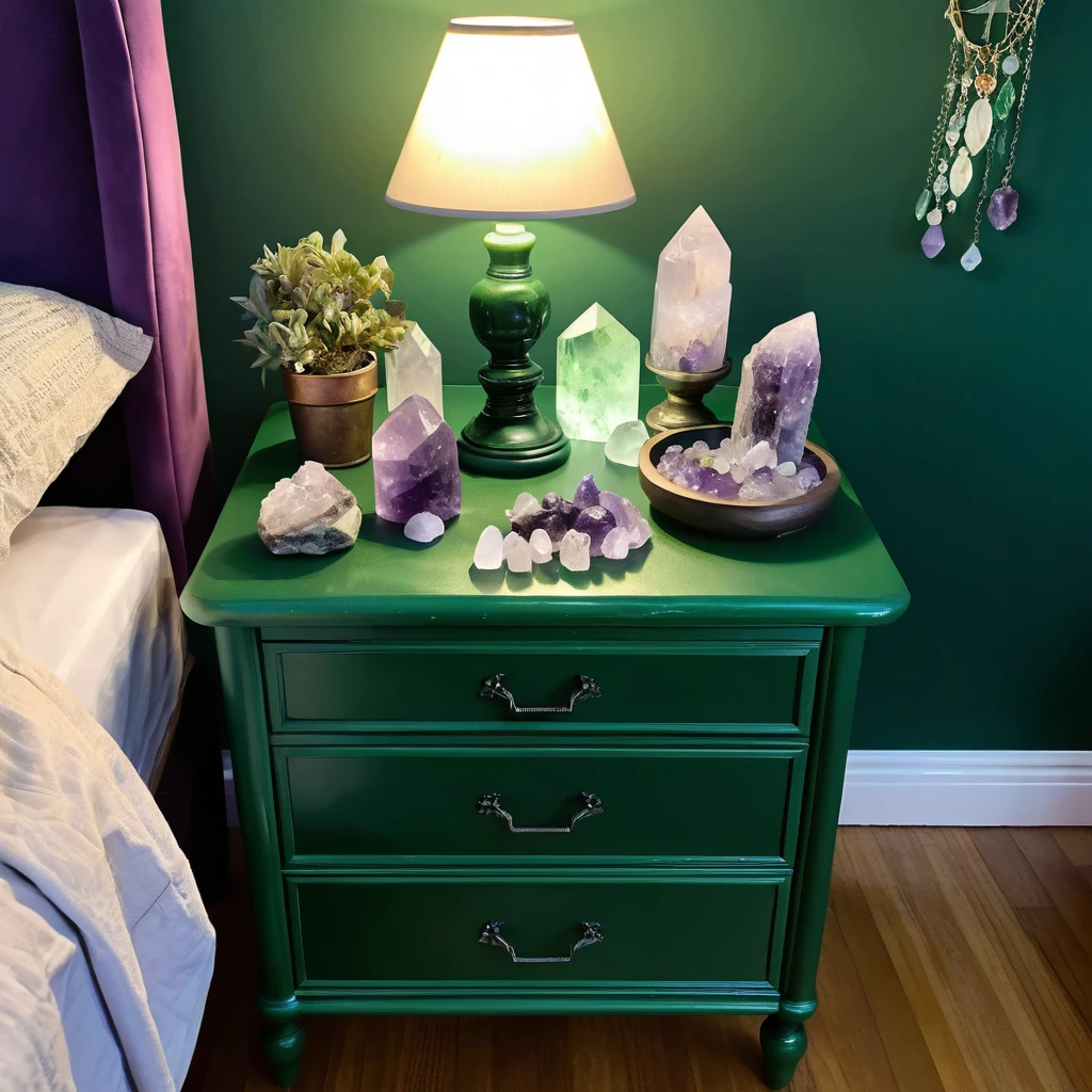 Crystal Decor on Green Side Table with lamp 