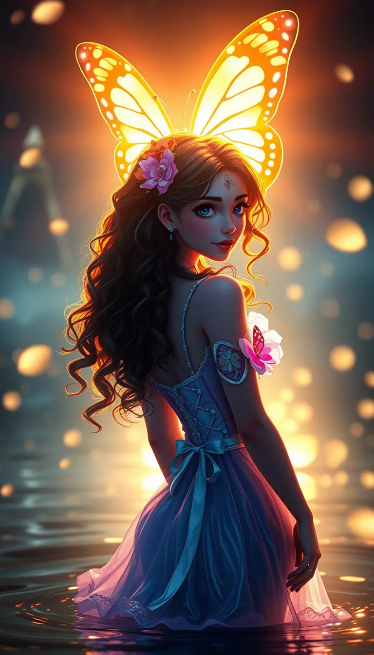 Ragazza anime con abito da principessa che cammina nell’acqua