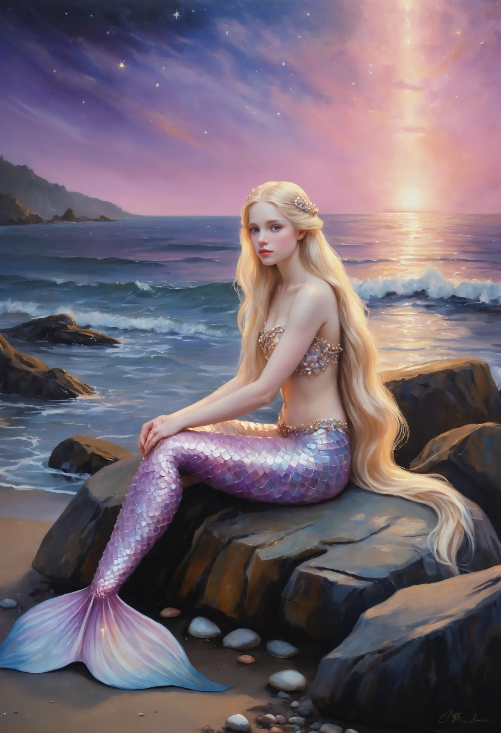 Mermaid princess resting on a starlit fantasy beach