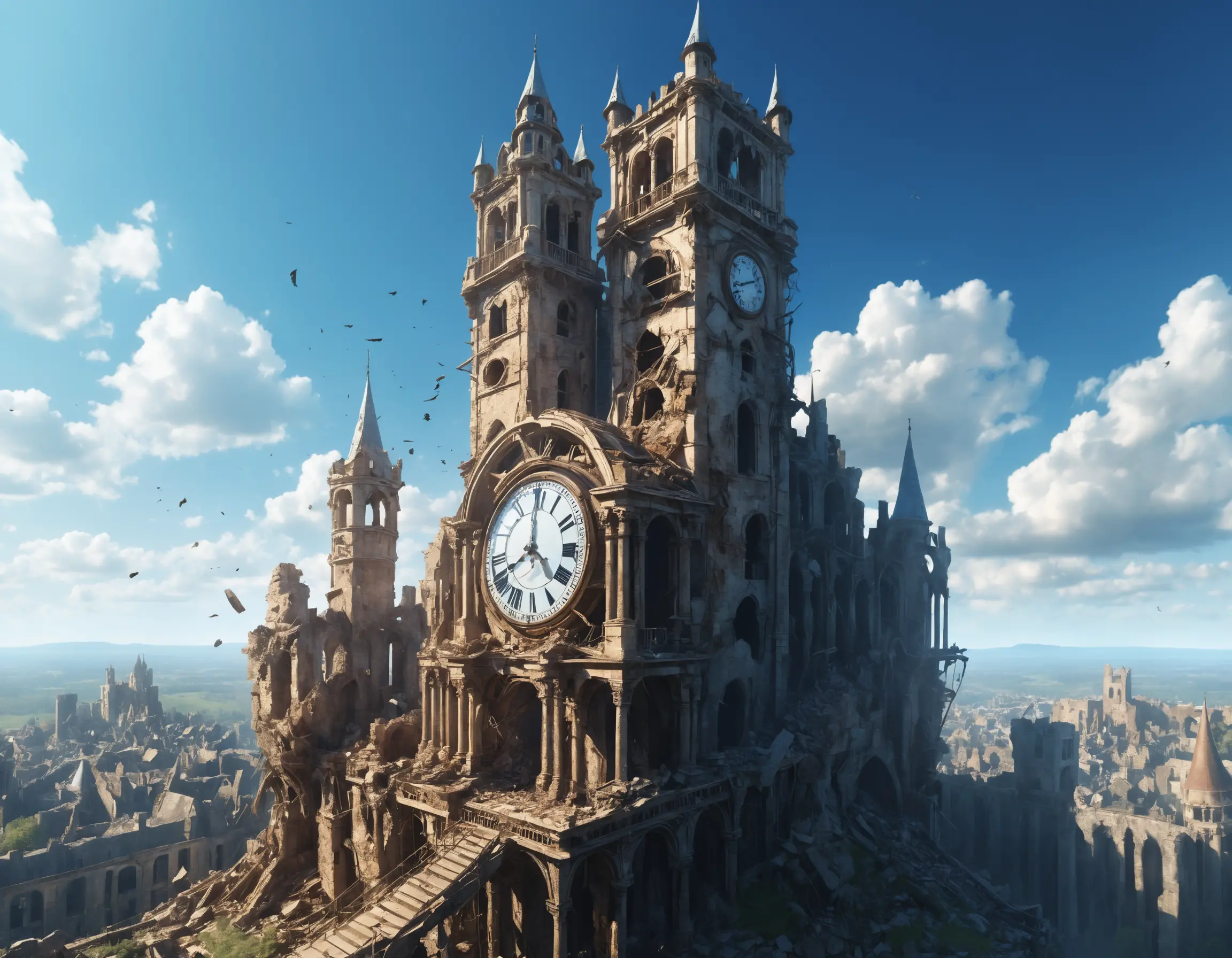 Torre de reloj fantástica derruida que se alza sobre las ruinas de un antiguo castillo