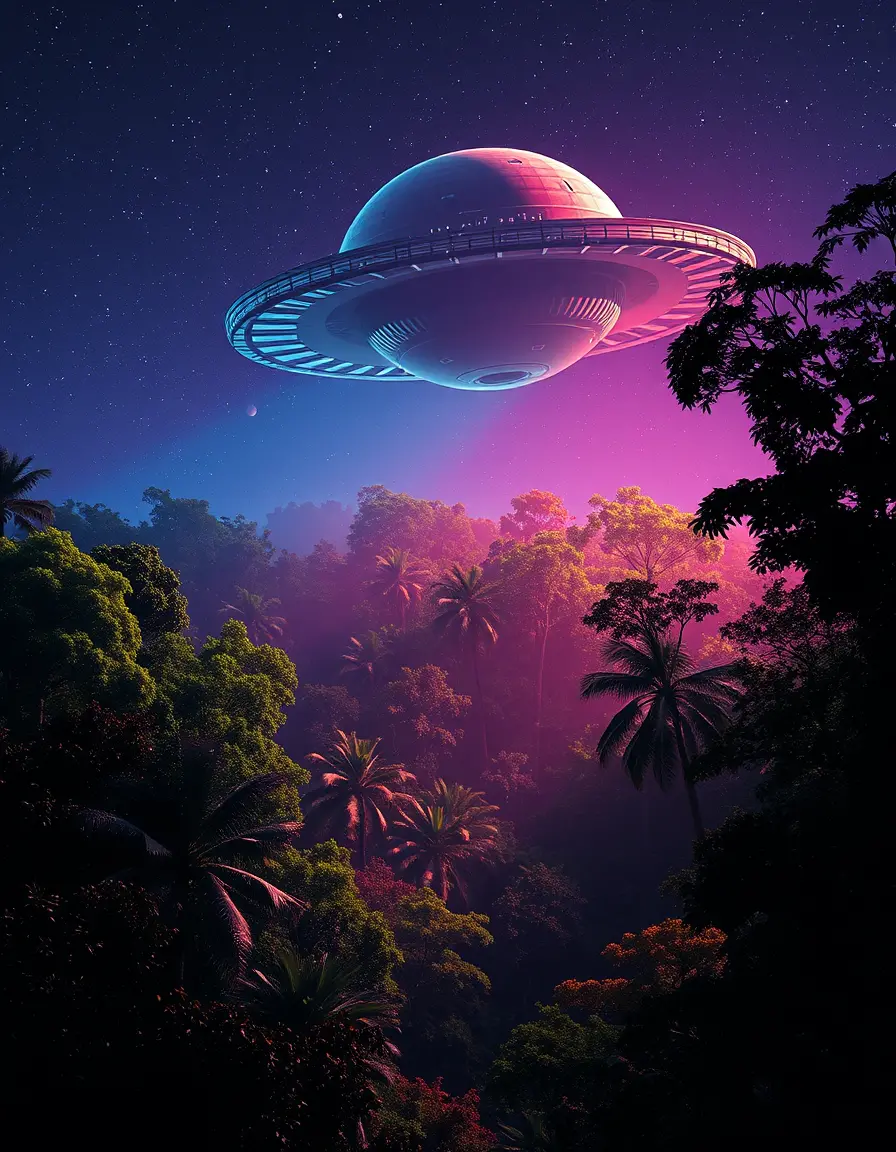 Spaceship Landing In Amazon Rainforest At Night