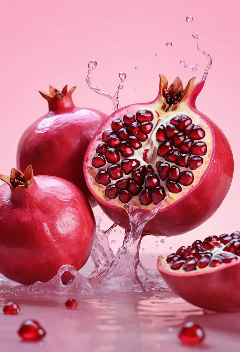 Macro pomegranate fruits with splashing water on pink